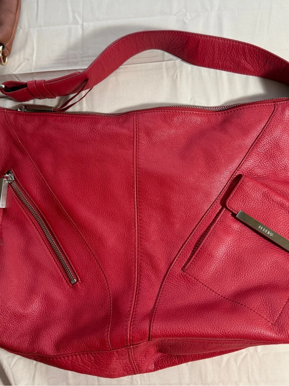 Vintage Perlina Red Pebbled Leather Hobo Shoulder Bag